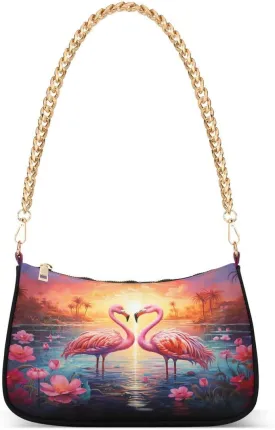Art Flamingo Sunset Bird Tote Bag Hobo Handbag for Women Ladies Shoulder Bag Mini Clutch Purse with Zipper Closure