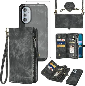 Asuwish Phone Case for Motorola Edge  Plus 2022/Edge X30/30 Pro Zipper Wallet Detachable Cell Cover with Tempered Glass Screen Protector Crossbody Strap Flip Card Holder Moto Edge   5G UW Women Black
