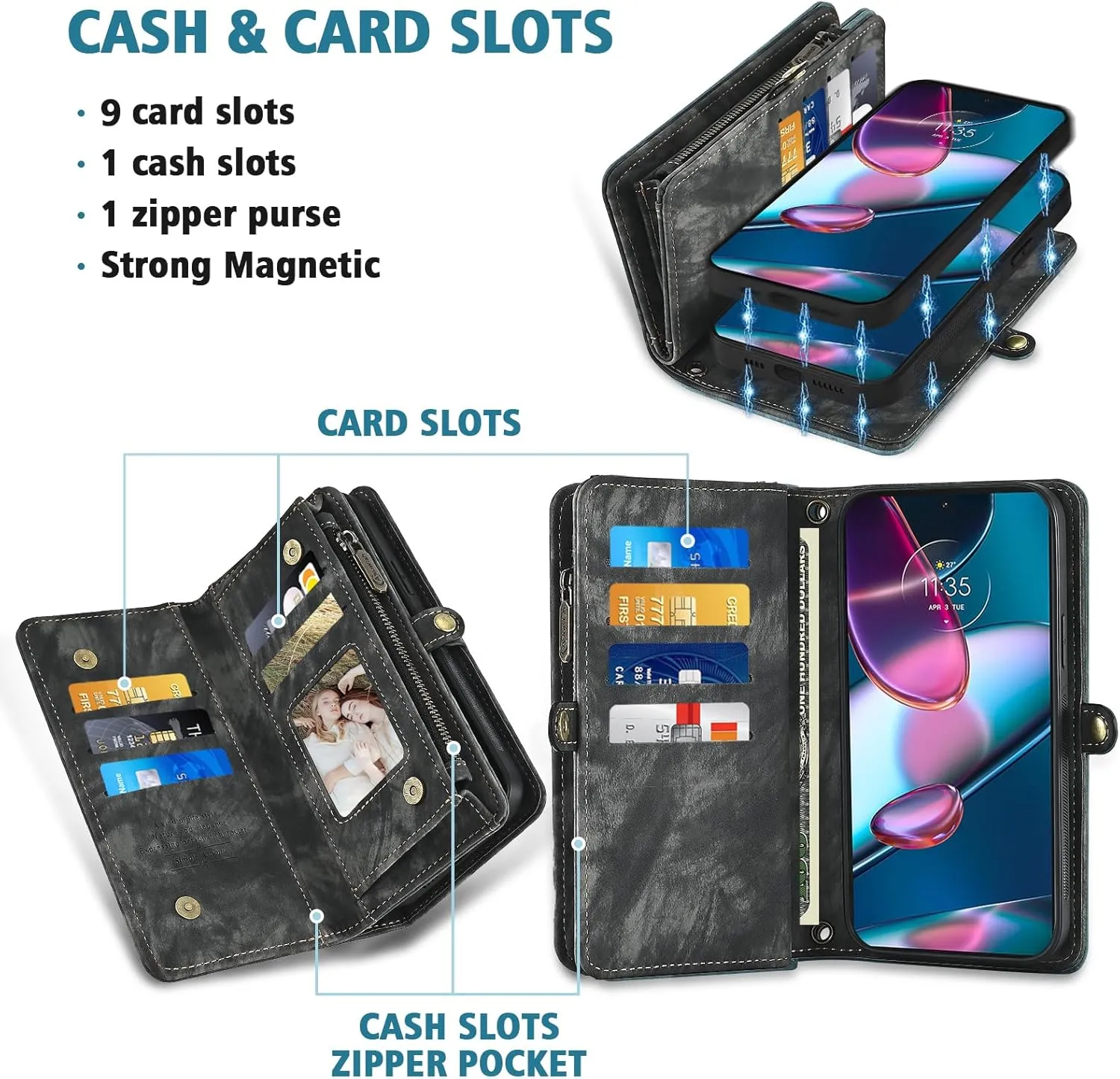 Asuwish Phone Case for Motorola Edge  Plus 2022/Edge X30/30 Pro Zipper Wallet Detachable Cell Cover with Tempered Glass Screen Protector Crossbody Strap Flip Card Holder Moto Edge   5G UW Women Black