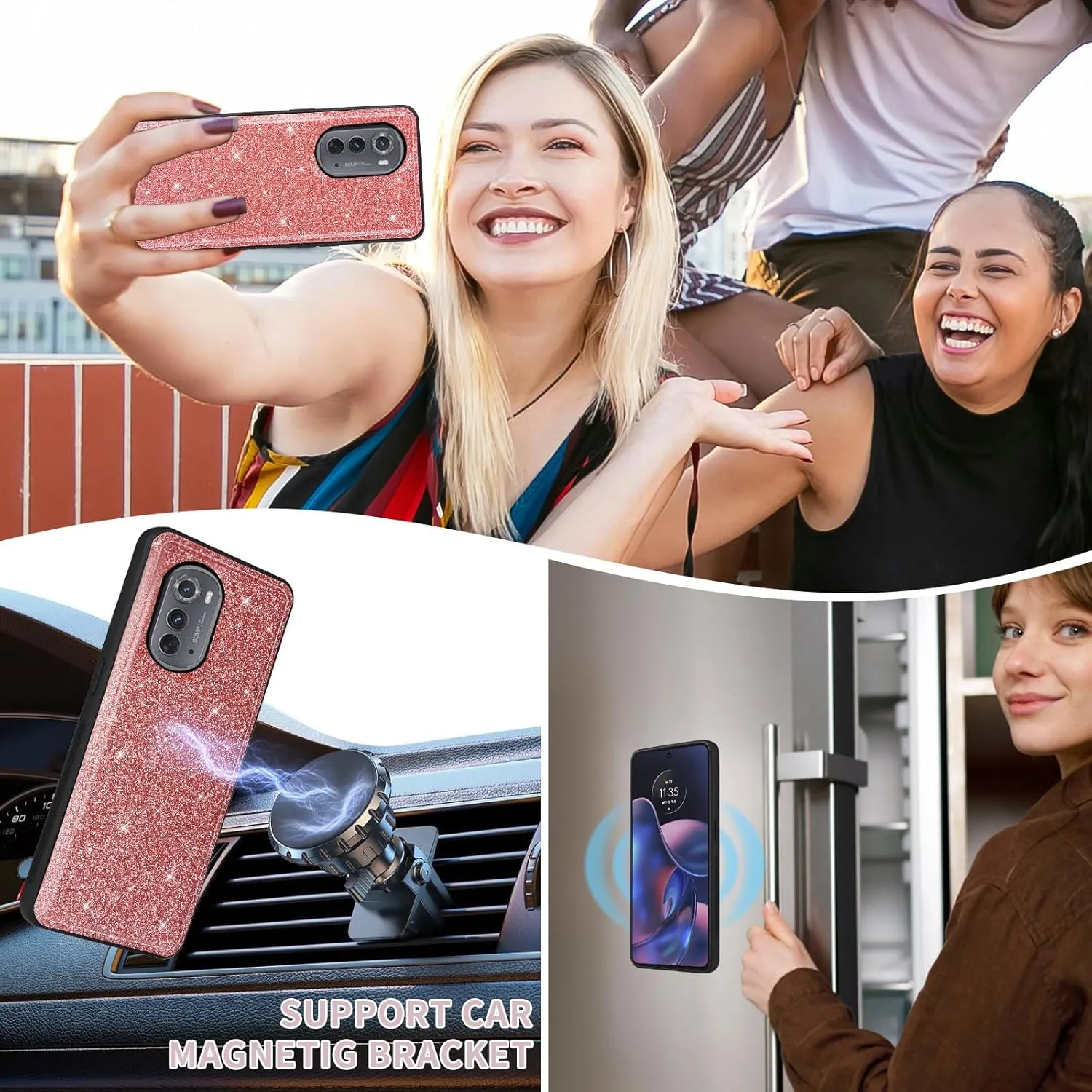 Asuwish Phone Case for Motorola Moto Edge 2022/MotoEdge 5G UW 2022 Zipper Wallet Cell Cover with Screen Protector Crossbody Strap Bling Glitter Flip Card Holder Gen 3 XT2205-1 XT2205-2 6.6 Women Pink