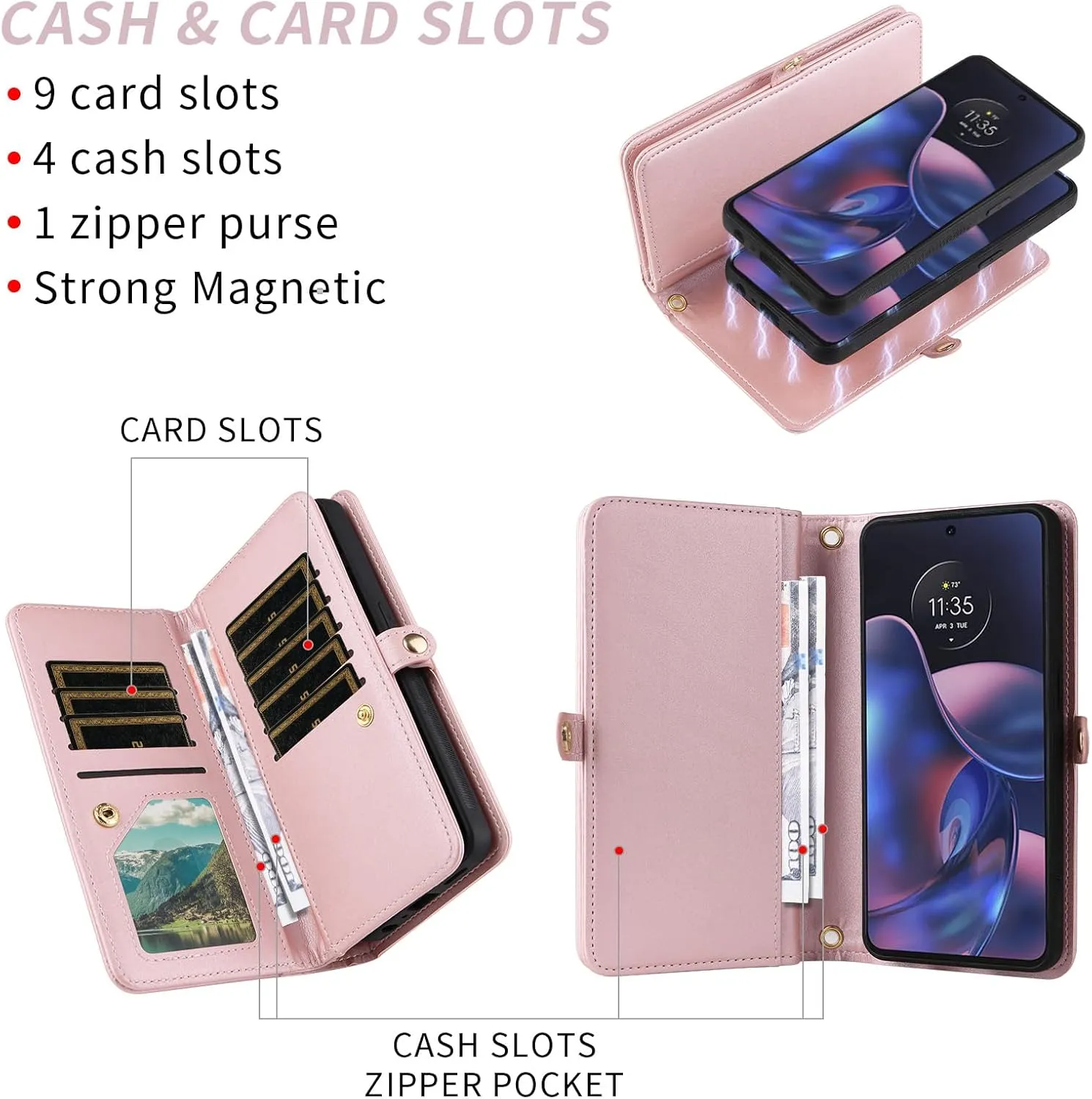 Asuwish Phone Case for Motorola Moto Edge 2022/MotoEdge 5G UW 2022 Zipper Wallet Cell Cover with Screen Protector Crossbody Strap Bling Glitter Flip Card Holder Gen 3 XT2205-1 XT2205-2 6.6 Women Pink