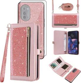Asuwish Phone Case for Motorola Moto Edge 2022/MotoEdge 5G UW 2022 Zipper Wallet Cell Cover with Screen Protector Crossbody Strap Bling Glitter Flip Card Holder Gen 3 XT2205-1 XT2205-2 6.6 Women Pink