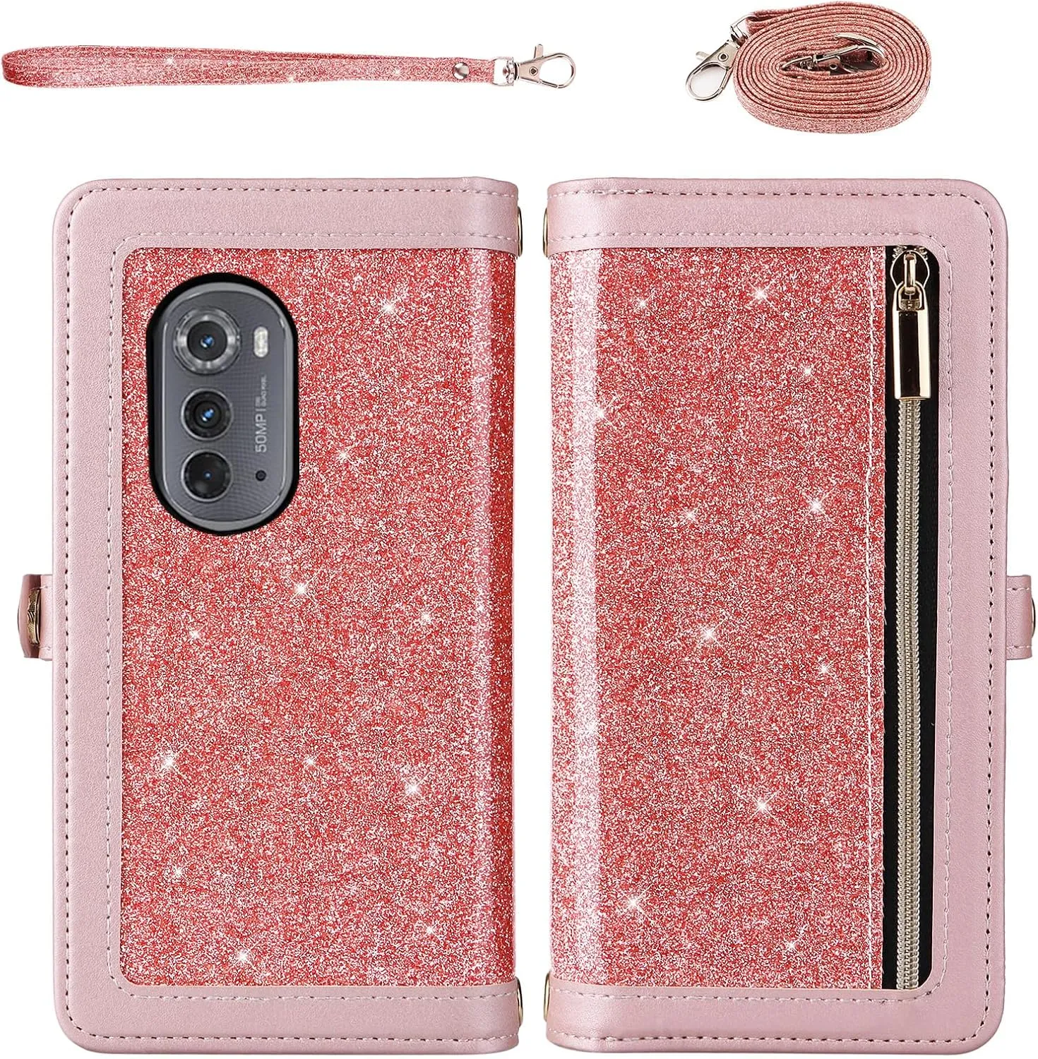 Asuwish Phone Case for Motorola Moto Edge 2022/MotoEdge 5G UW 2022 Zipper Wallet Cell Cover with Screen Protector Crossbody Strap Bling Glitter Flip Card Holder Gen 3 XT2205-1 XT2205-2 6.6 Women Pink