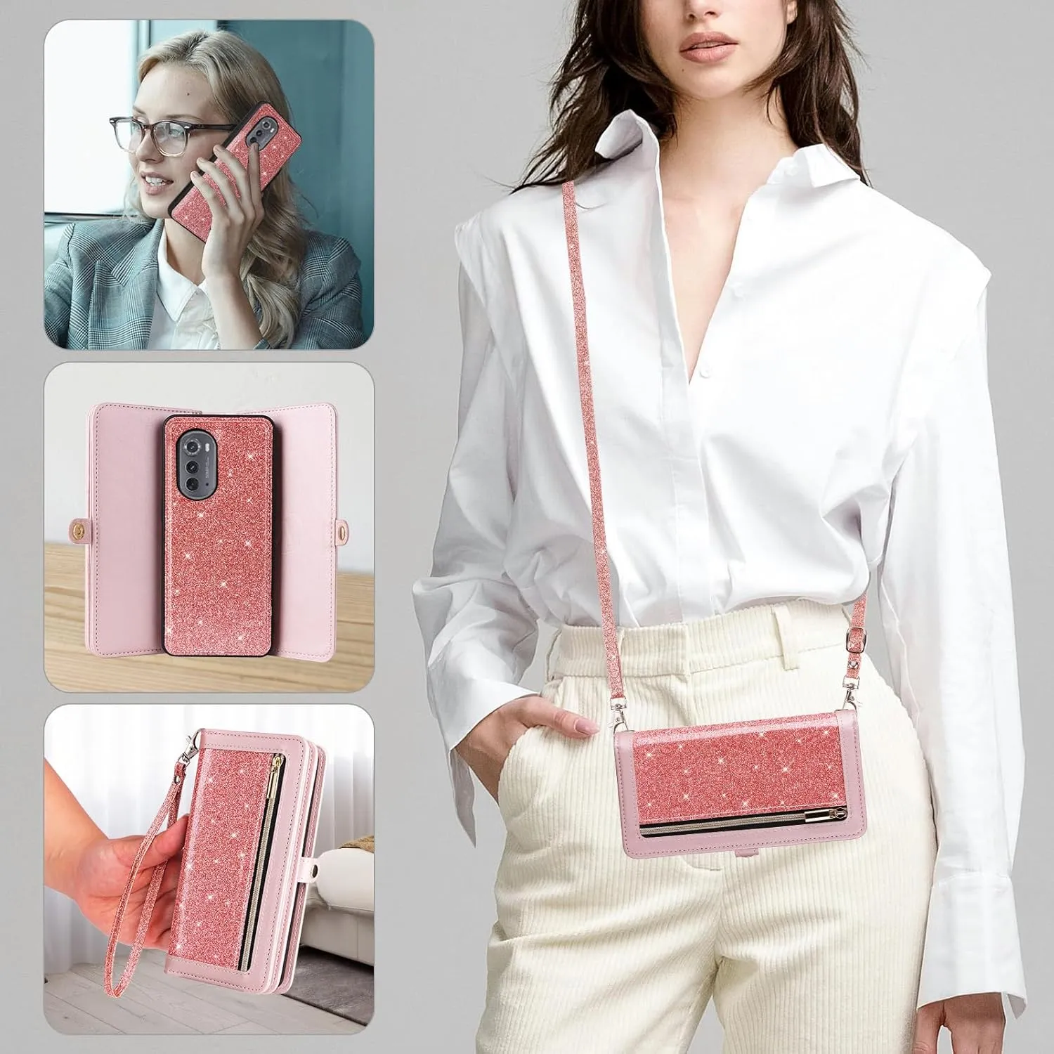 Asuwish Phone Case for Motorola Moto Edge 2022/MotoEdge 5G UW 2022 Zipper Wallet Cell Cover with Screen Protector Crossbody Strap Bling Glitter Flip Card Holder Gen 3 XT2205-1 XT2205-2 6.6 Women Pink
