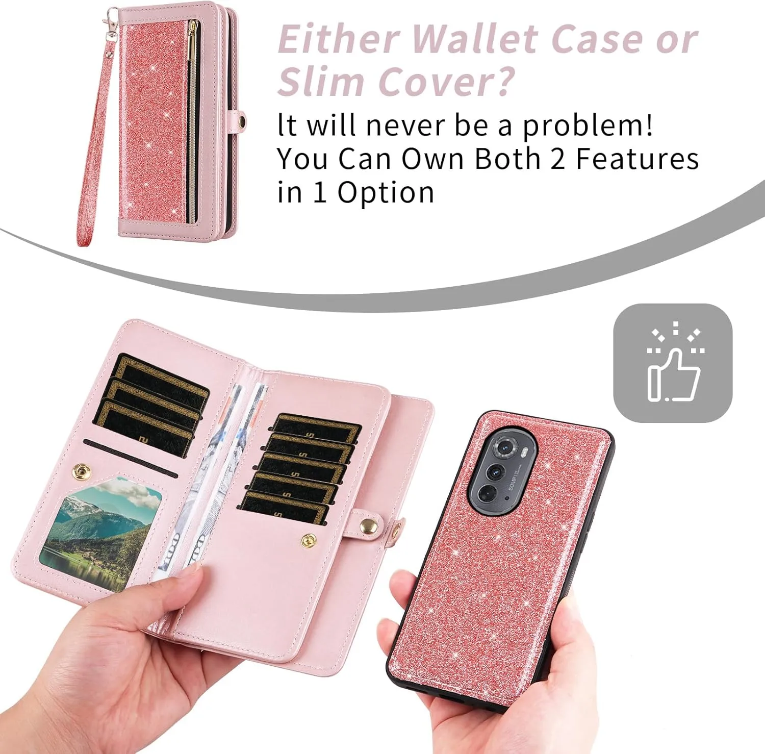Asuwish Phone Case for Motorola Moto Edge 2022/MotoEdge 5G UW 2022 Zipper Wallet Cell Cover with Screen Protector Crossbody Strap Bling Glitter Flip Card Holder Gen 3 XT2205-1 XT2205-2 6.6 Women Pink