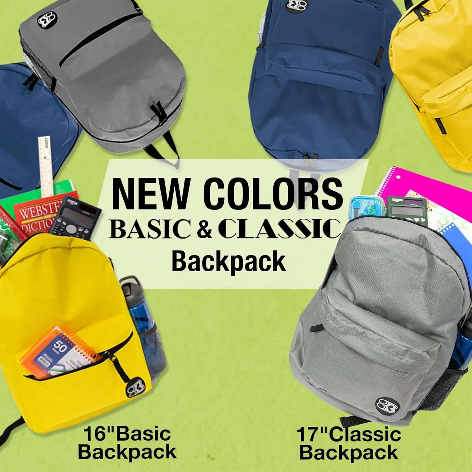 BAZIC School Backpack 16" Navy Blue, Lightweight School Bag Padded Back & Adjustable Strap for Students, Travel Bag Fit A4 Notebook, 12-Pack