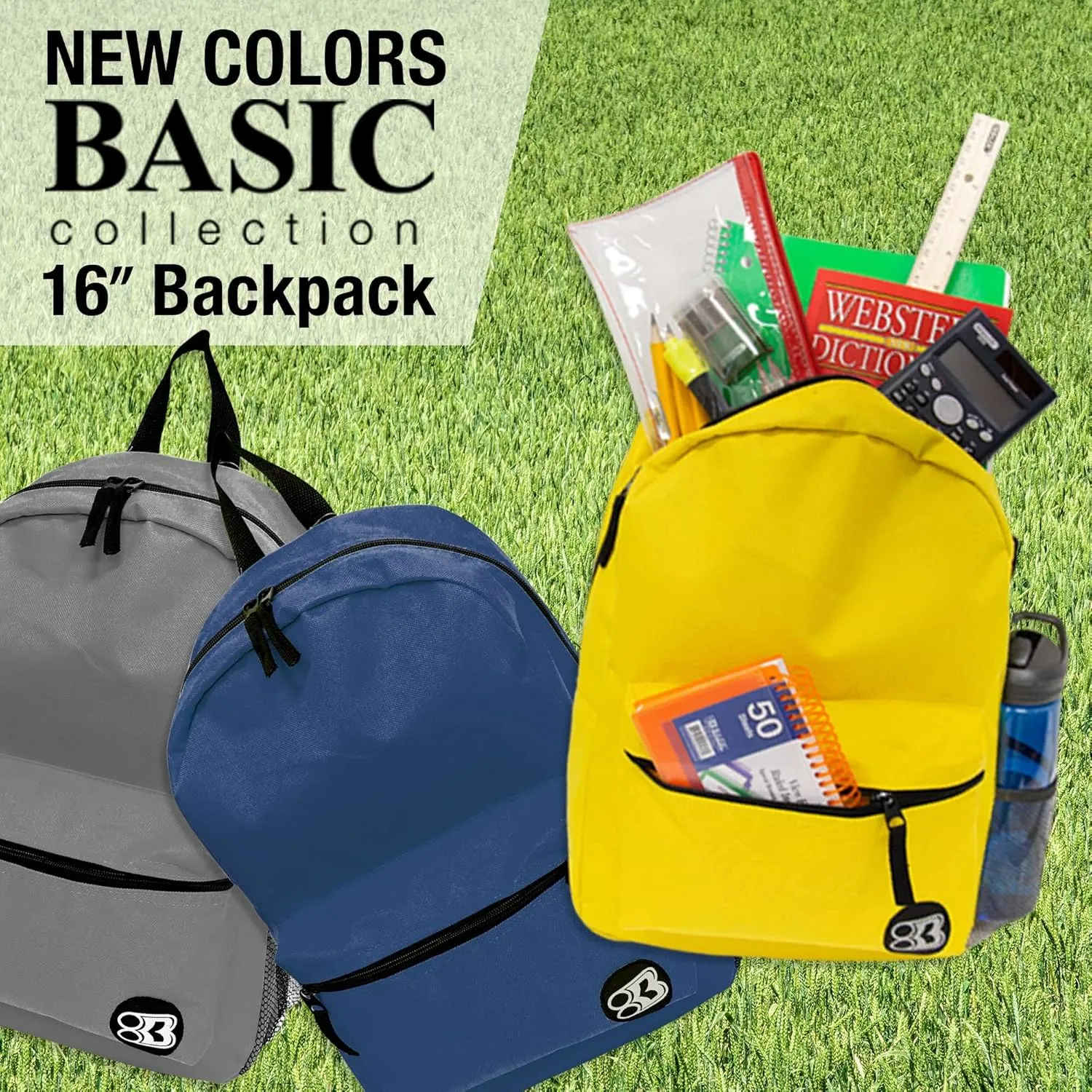 BAZIC School Backpack 16" Navy Blue, Lightweight School Bag Padded Back & Adjustable Strap for Students, Travel Bag Fit A4 Notebook, 12-Pack