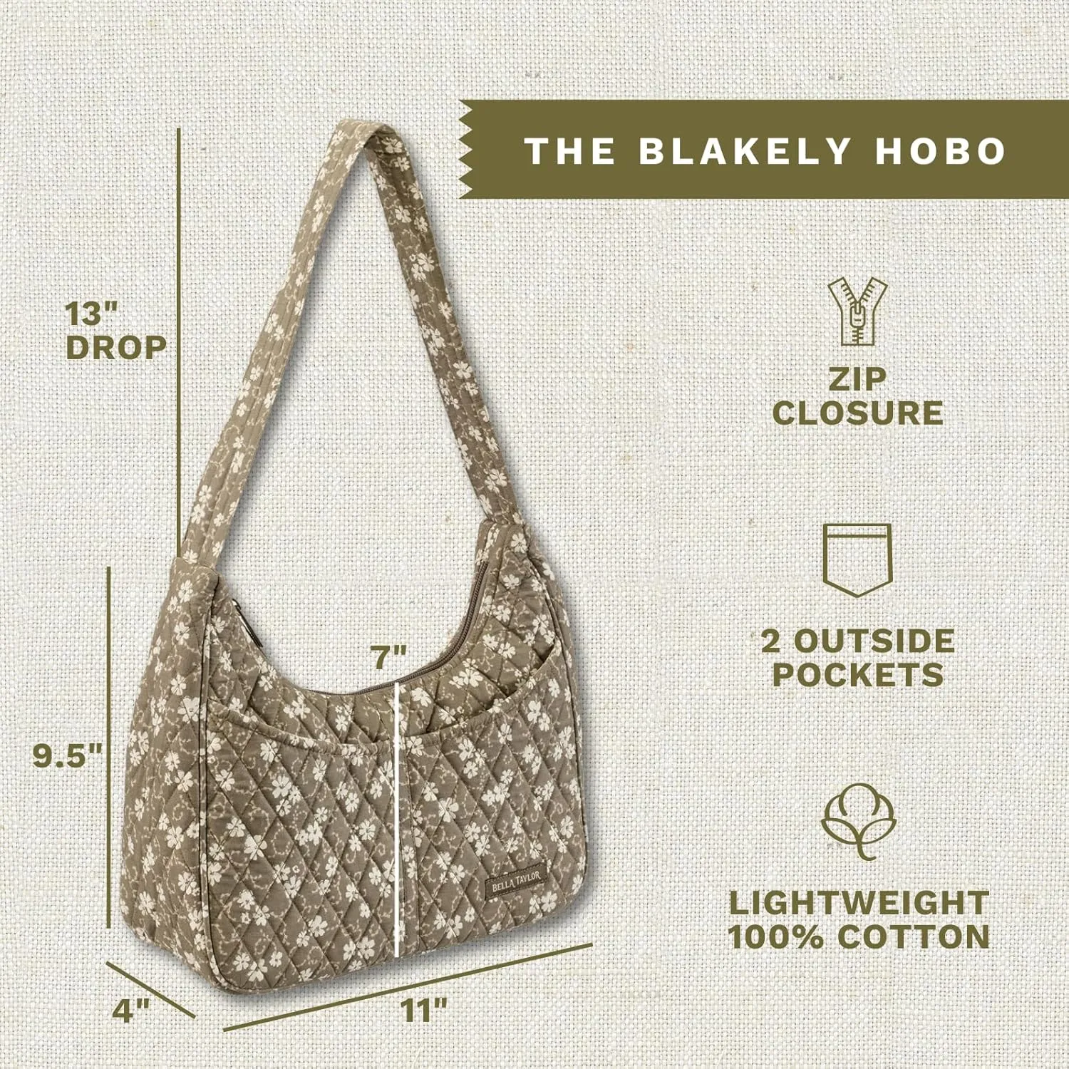 Bella Taylor Blakely - Hobo Shoulder Bag for Women - Lightweight Quilted Fabric Purse with Pockets
