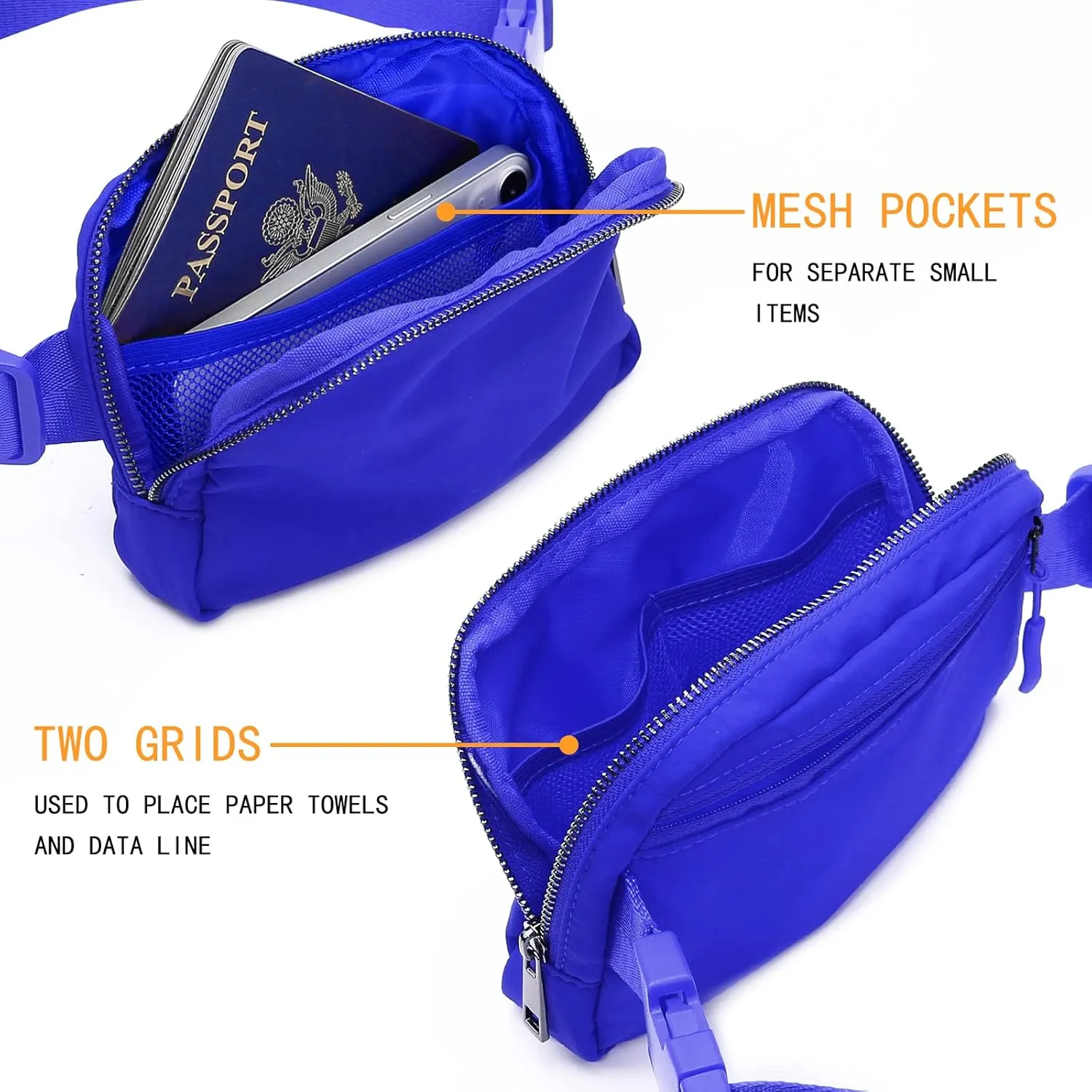 Belt Bag with Extender Strap 65'', Plus Size Fanny Pack Crossbody Bags for Women Men, Mini Everywhere Belt Bag, Fashion Small Waist Pouch (Royal blue   strap)