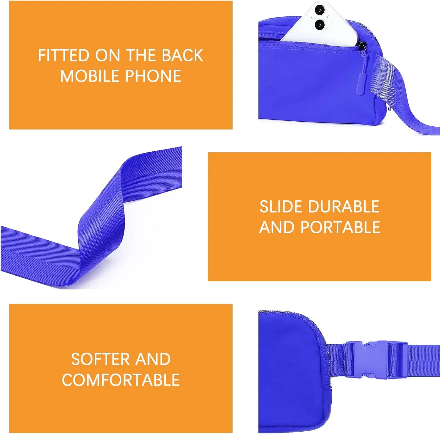 Belt Bag with Extender Strap 65'', Plus Size Fanny Pack Crossbody Bags for Women Men, Mini Everywhere Belt Bag, Fashion Small Waist Pouch (Royal blue   strap)