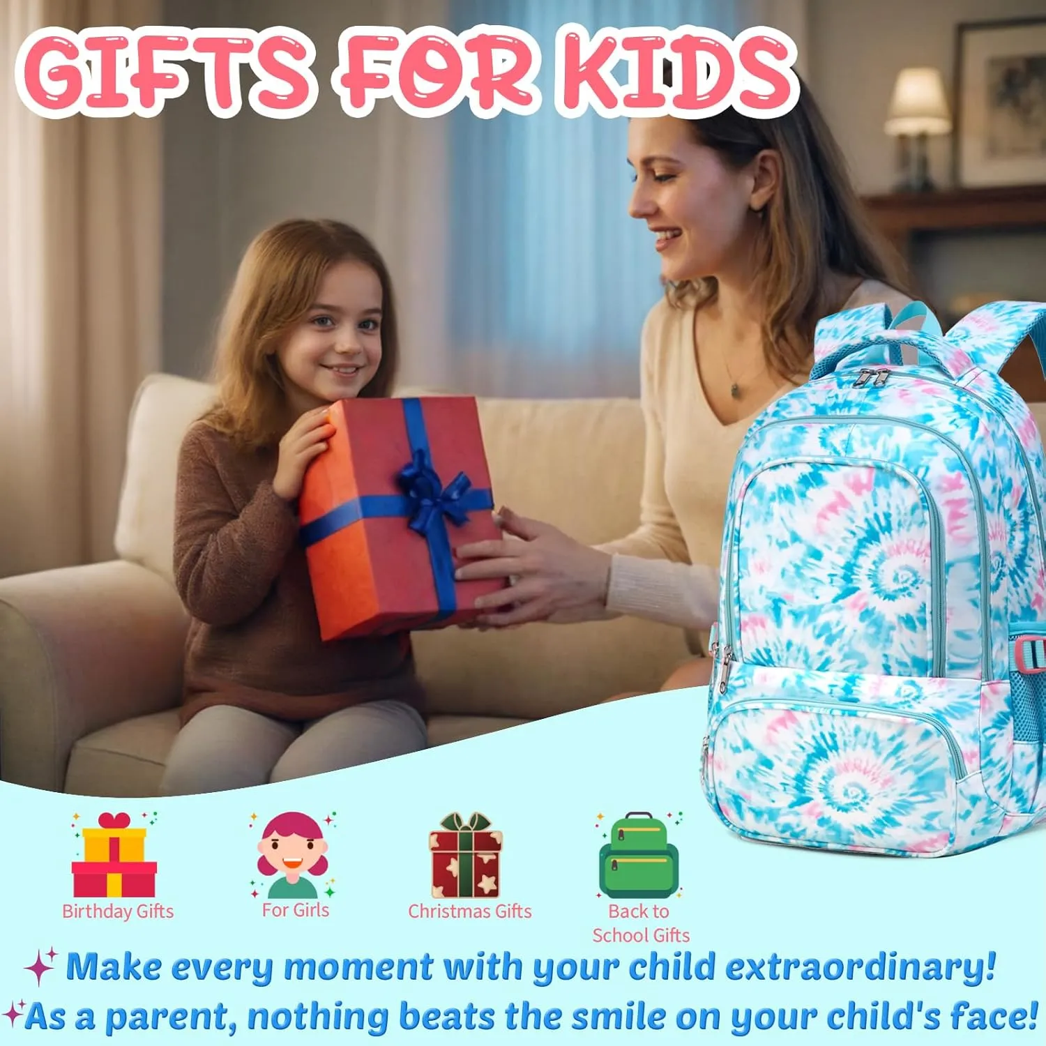 BLUEFAIRY Kids Backpack for Girls Elementary Primary Middle School Bags for Aged 8-10 for Teens Childs Bookbags Back to School Book Bags Gifts Mochilas para Nias de 6 7 8 9 10 Aos Tie-dye Blue