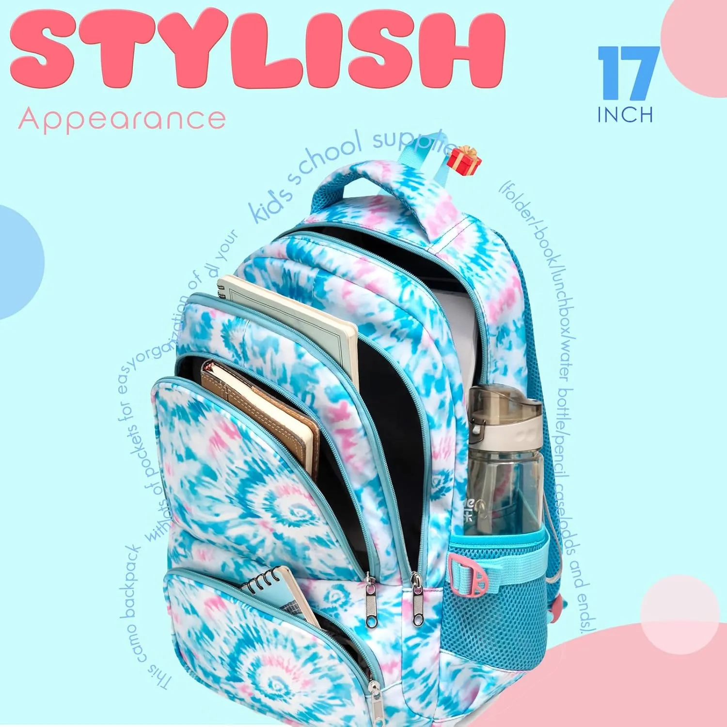 BLUEFAIRY Kids Backpack for Girls Elementary Primary Middle School Bags for Aged 8-10 for Teens Childs Bookbags Back to School Book Bags Gifts Mochilas para Nias de 6 7 8 9 10 Aos Tie-dye Blue