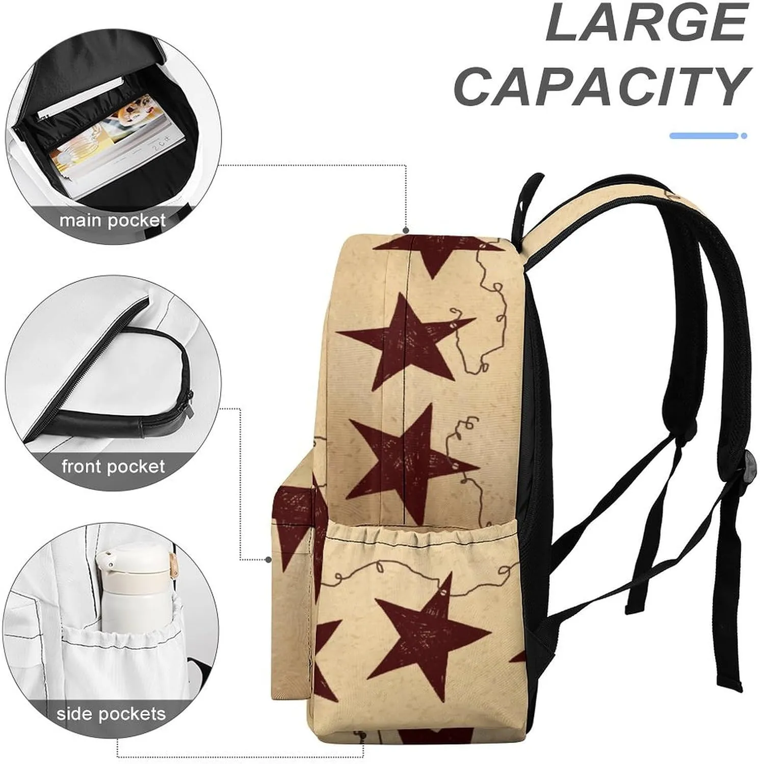 Brown Retro Star Primitive Countryside Casual Lightweight Large Capacity Travel Backpack Unisex