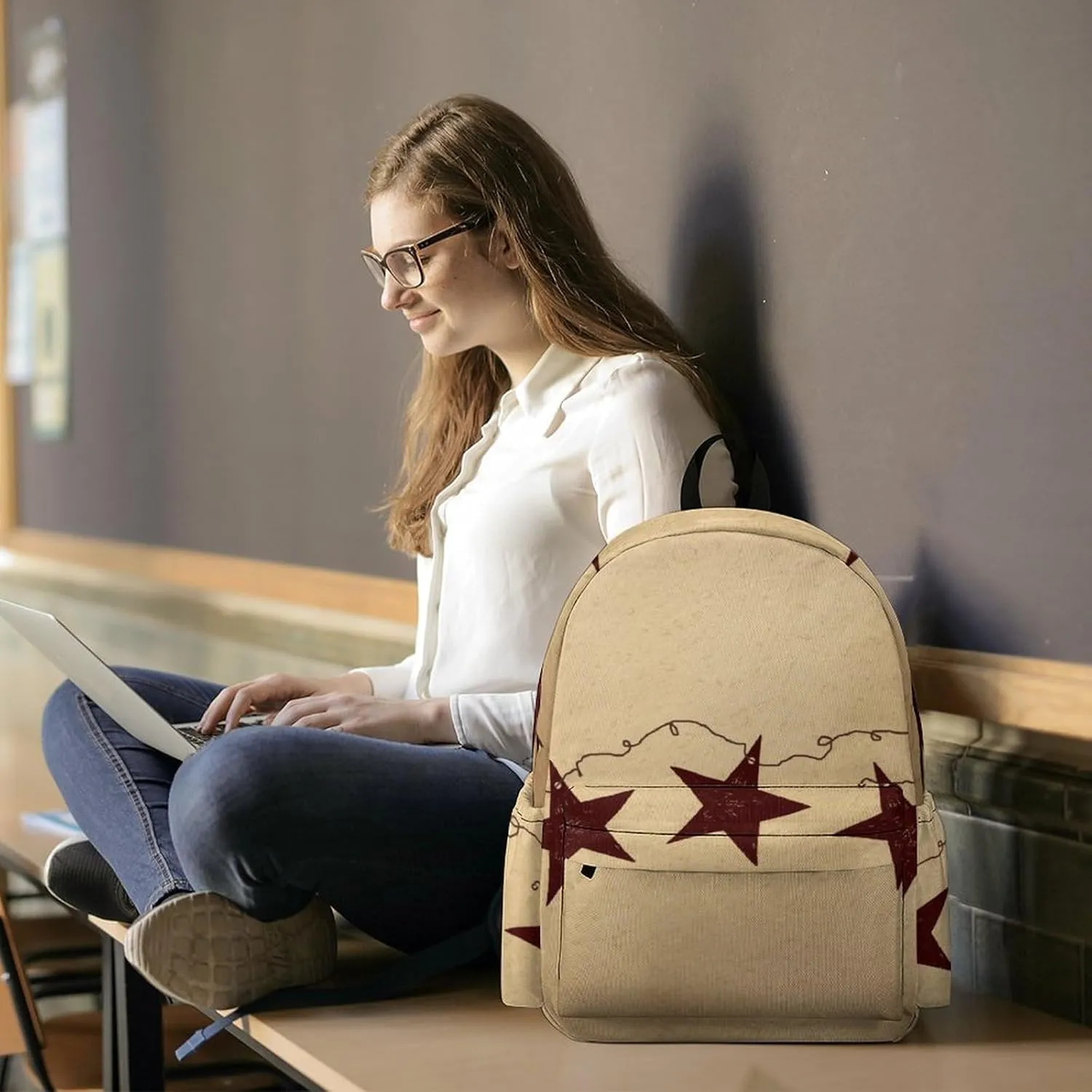 Brown Retro Star Primitive Countryside Casual Lightweight Large Capacity Travel Backpack Unisex