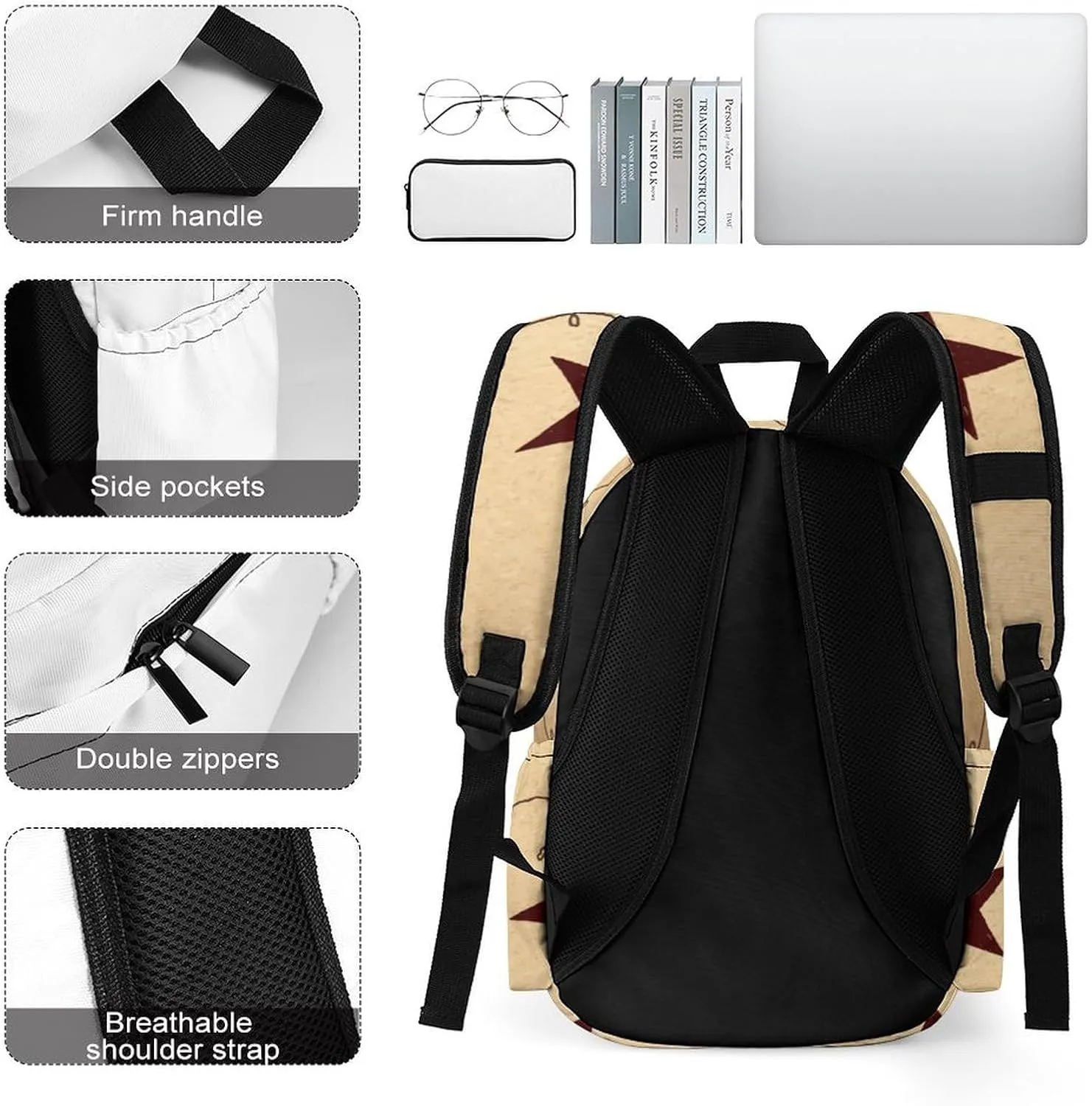 Brown Retro Star Primitive Countryside Casual Lightweight Large Capacity Travel Backpack Unisex