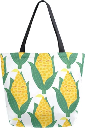 Canvas Tote Bag Cute Corn Cob Woman Beach Bag Summer Autumn Harvest Shoulder Bag School Had Bag Large Reusable Handbag Lightweight for Shopping Grocery Travel Holiday Gift