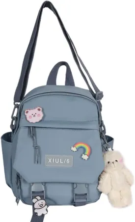 Cute Mini Backpack with Cute Pin Accessories Plush Pendant for School (Blue)