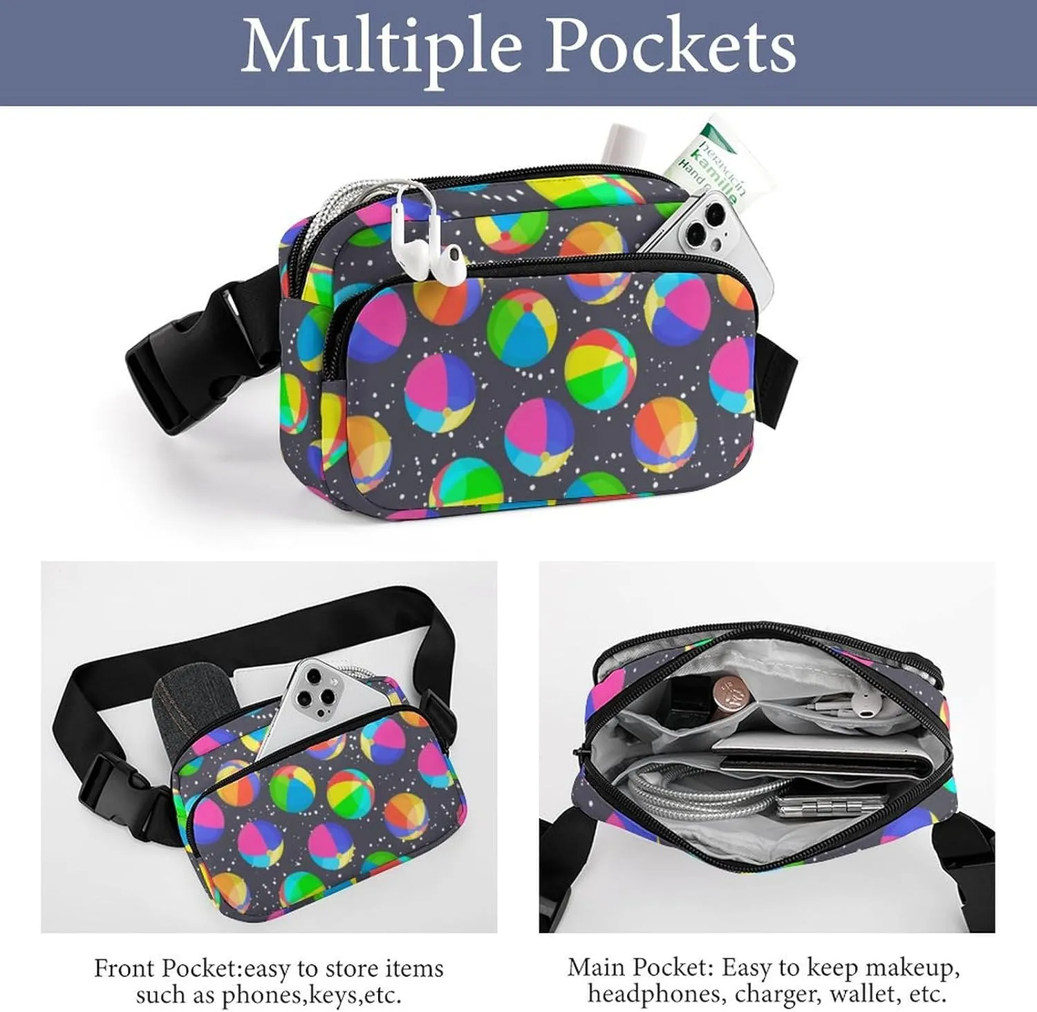 Draw Beach Ball Belt Bag Fanny Pack Crossbody Sports Fashion Waist Packs With Adjustable Strap For Men Women Travel Hiking Cycling Running
