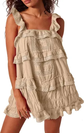 Gacaky Women's Summer Casual Sleeveless Rompers Ruffle Flowy Boho Sun Dress Loose Mini Dress with Built-in Shorts