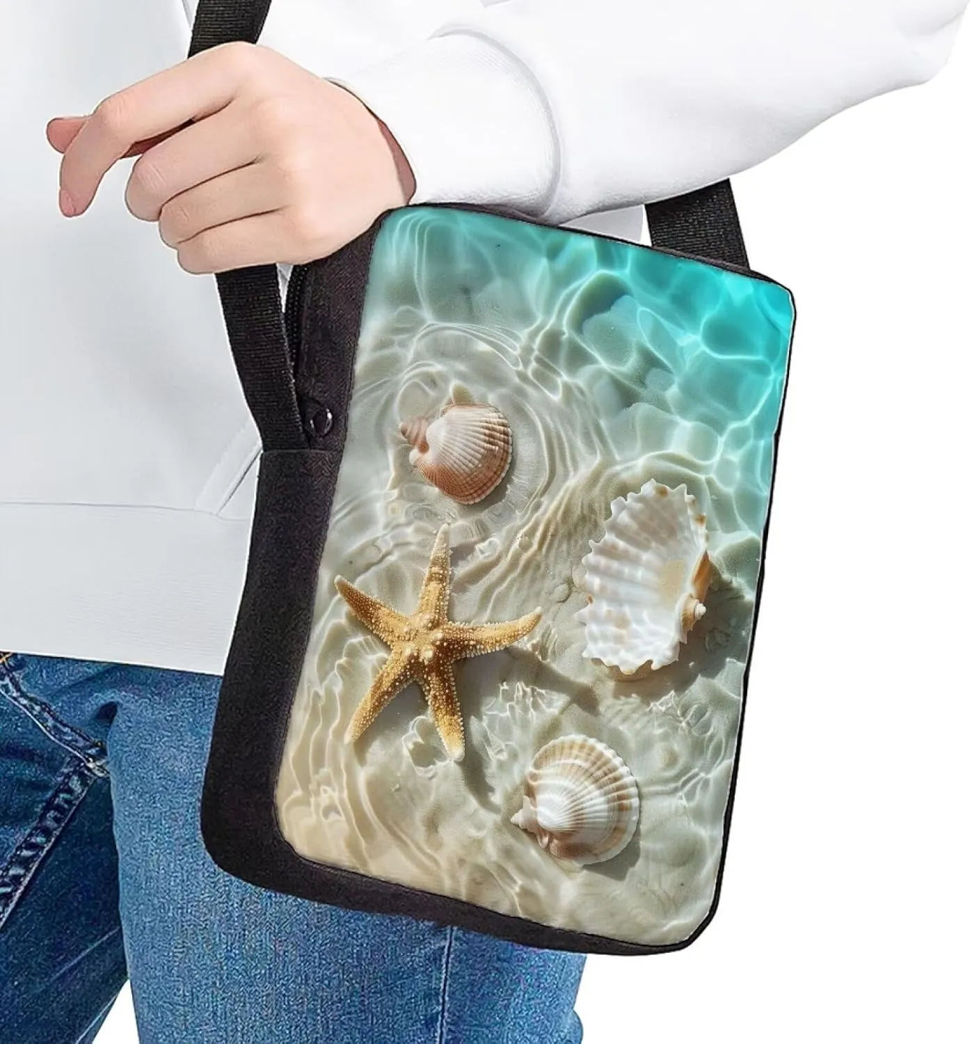 HUGS IDEA Women Girls Small Messenger Handbag Beach Seashells Starfish Print Mini Crossbody Clutch Purse Bookbag