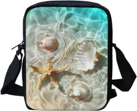 HUGS IDEA Women Girls Small Messenger Handbag Beach Seashells Starfish Print Mini Crossbody Clutch Purse Bookbag