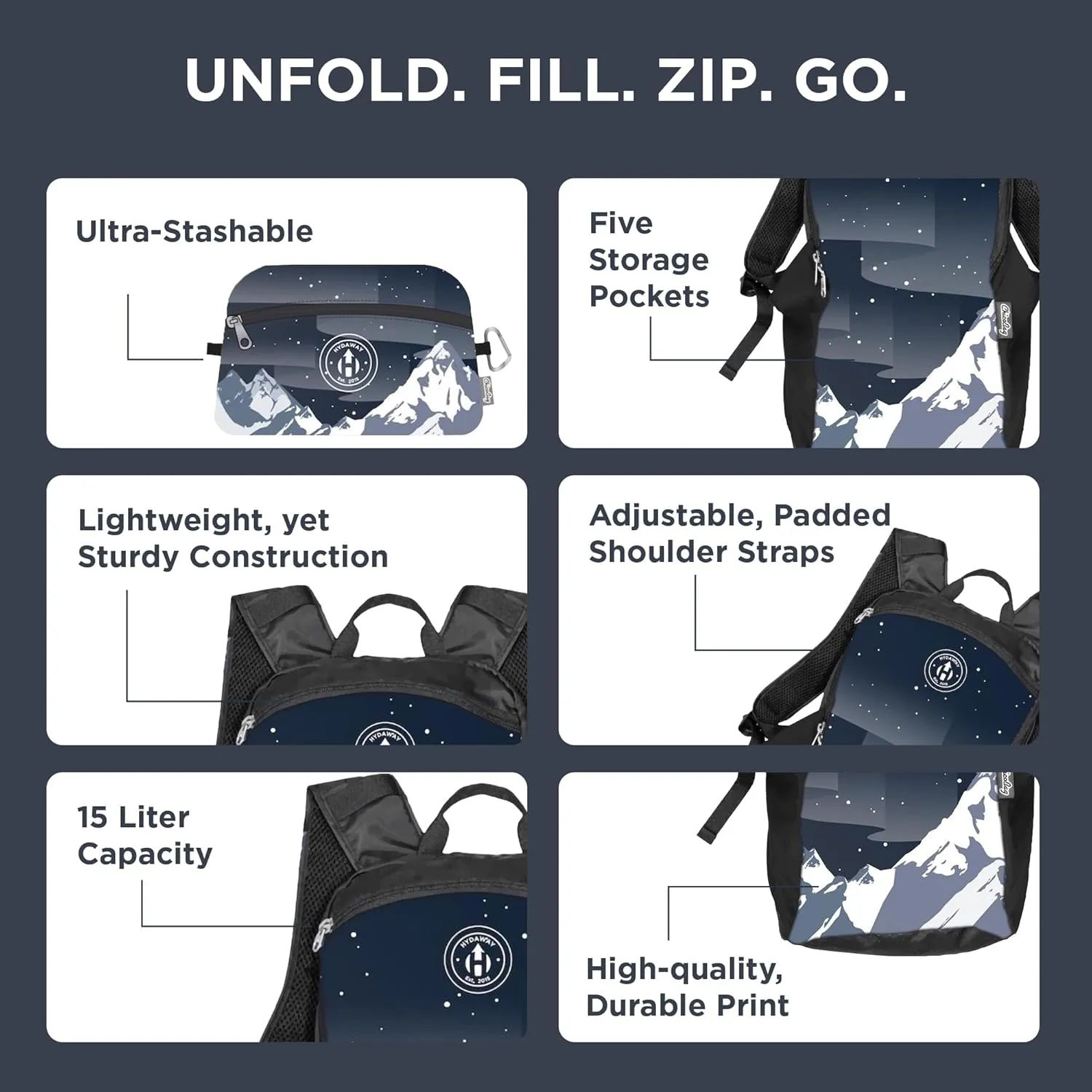HYDAWAY 15L Collapsible Backpack - Lightweight, Packable Daypack for Travel, Hiking & Everyday Carry - Water-Resistant & Eco-Friendly