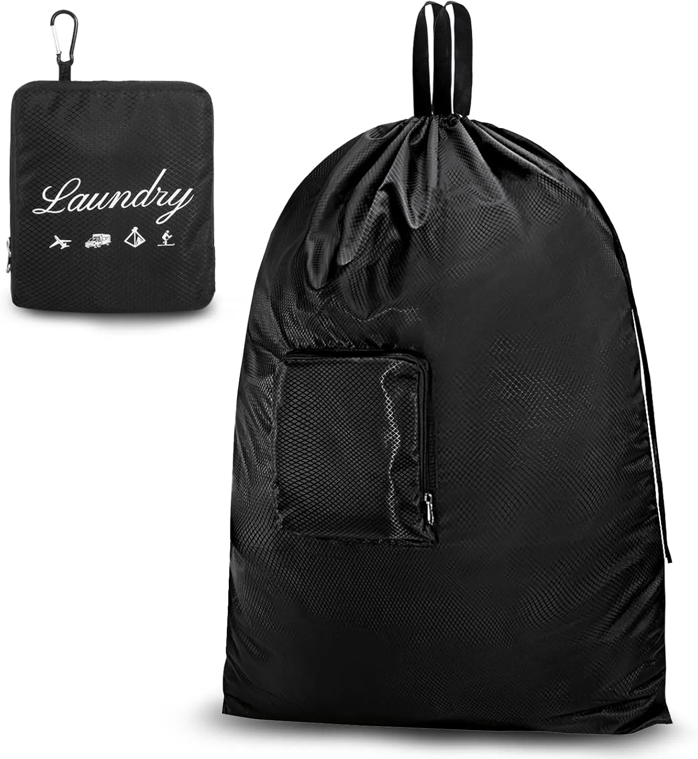 JHX Travel Laundry Bag XL, Extra large Dirty Clothes OrganizerUpgradedwith Handles and Aluminum Carabiner for Travel, Camp, Fitness, and Students (Thickened - Black) 32"H x 23"W