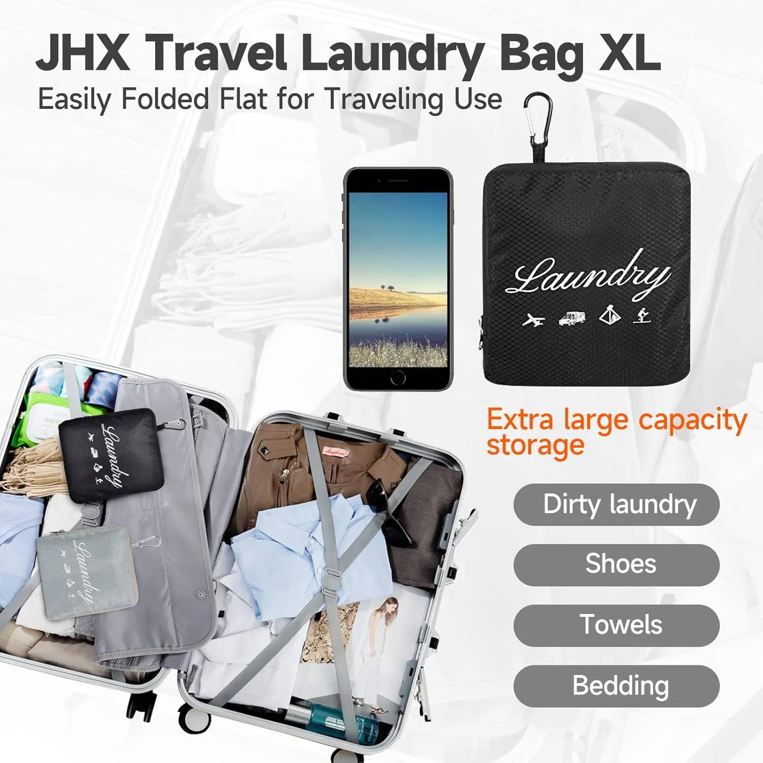 JHX Travel Laundry Bag XL, Extra large Dirty Clothes OrganizerUpgradedwith Handles and Aluminum Carabiner for Travel, Camp, Fitness, and Students (Thickened - Black) 32"H x 23"W