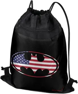 LOGOVISION Batman USA American Flag Shield Logo Drawstring Backpack Sports Bag Sackpack 17" x 13", Perfect for Gym, Yoga or Practice