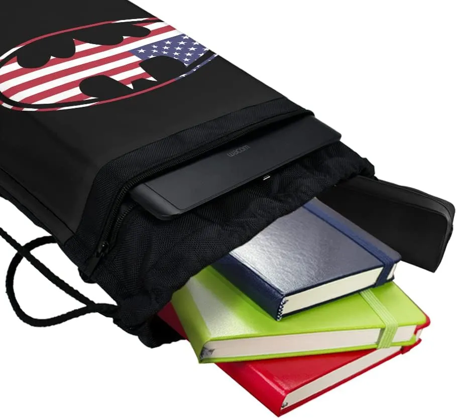 LOGOVISION Batman USA American Flag Shield Logo Drawstring Backpack Sports Bag Sackpack 17" x 13", Perfect for Gym, Yoga or Practice