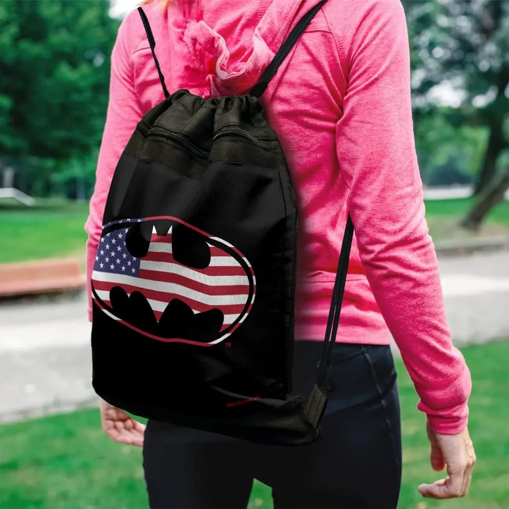 LOGOVISION Batman USA American Flag Shield Logo Drawstring Backpack Sports Bag Sackpack 17" x 13", Perfect for Gym, Yoga or Practice