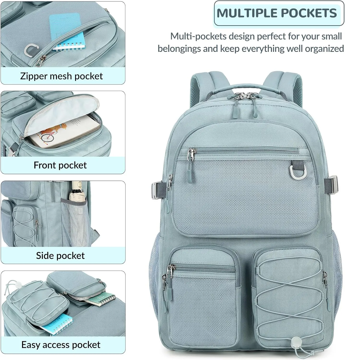 Lohol Water Resistant Backpack with Mulitiple Pockets for School Travel Outdoor College, 15.6 inch Laptop Daypack for Men and Women (Grey Blue)
