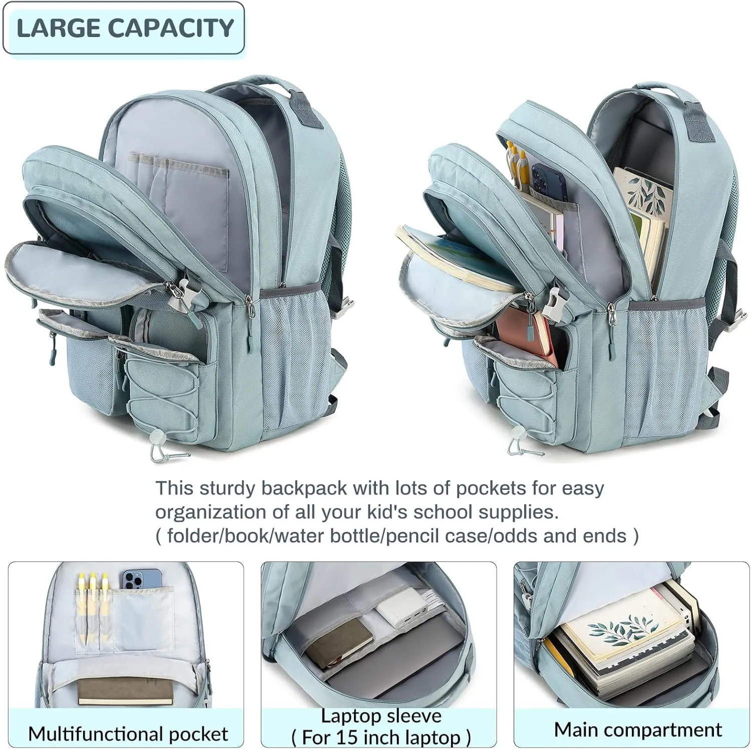 Lohol Water Resistant Backpack with Mulitiple Pockets for School Travel Outdoor College, 15.6 inch Laptop Daypack for Men and Women (Grey Blue)