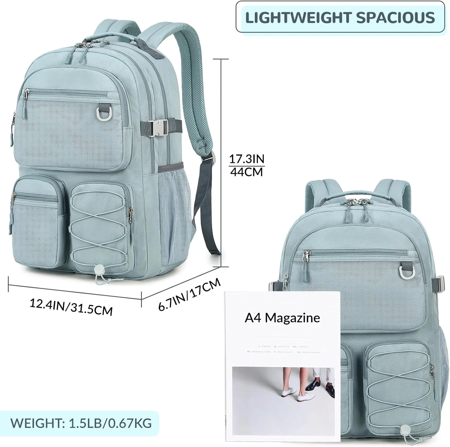 Lohol Water Resistant Backpack with Mulitiple Pockets for School Travel Outdoor College, 15.6 inch Laptop Daypack for Men and Women (Grey Blue)