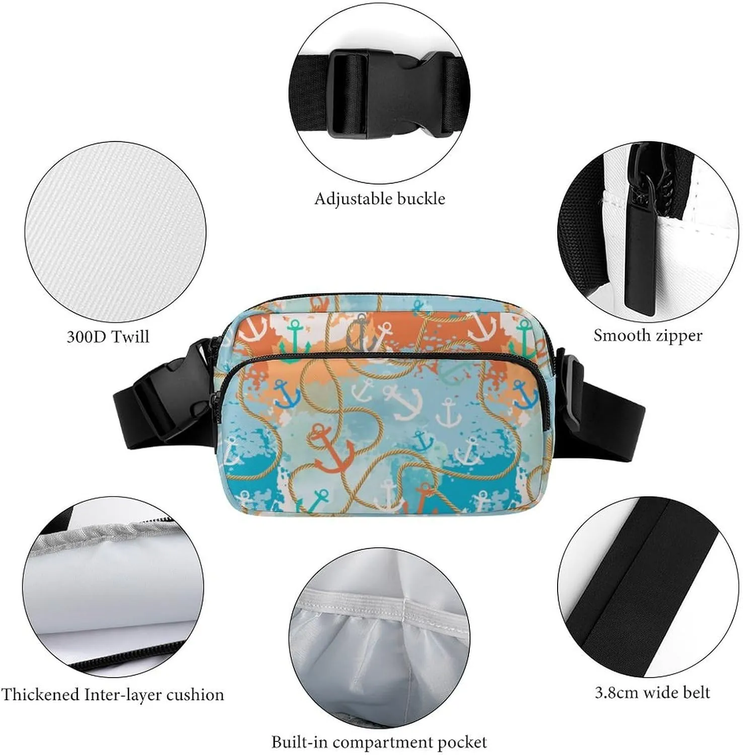 Marine Anchors Fanny Pack Belt Bag with Adjustable Strap Waist Packs Small Pouch Crossbody Bags for Hiking Running Cycling Traveling