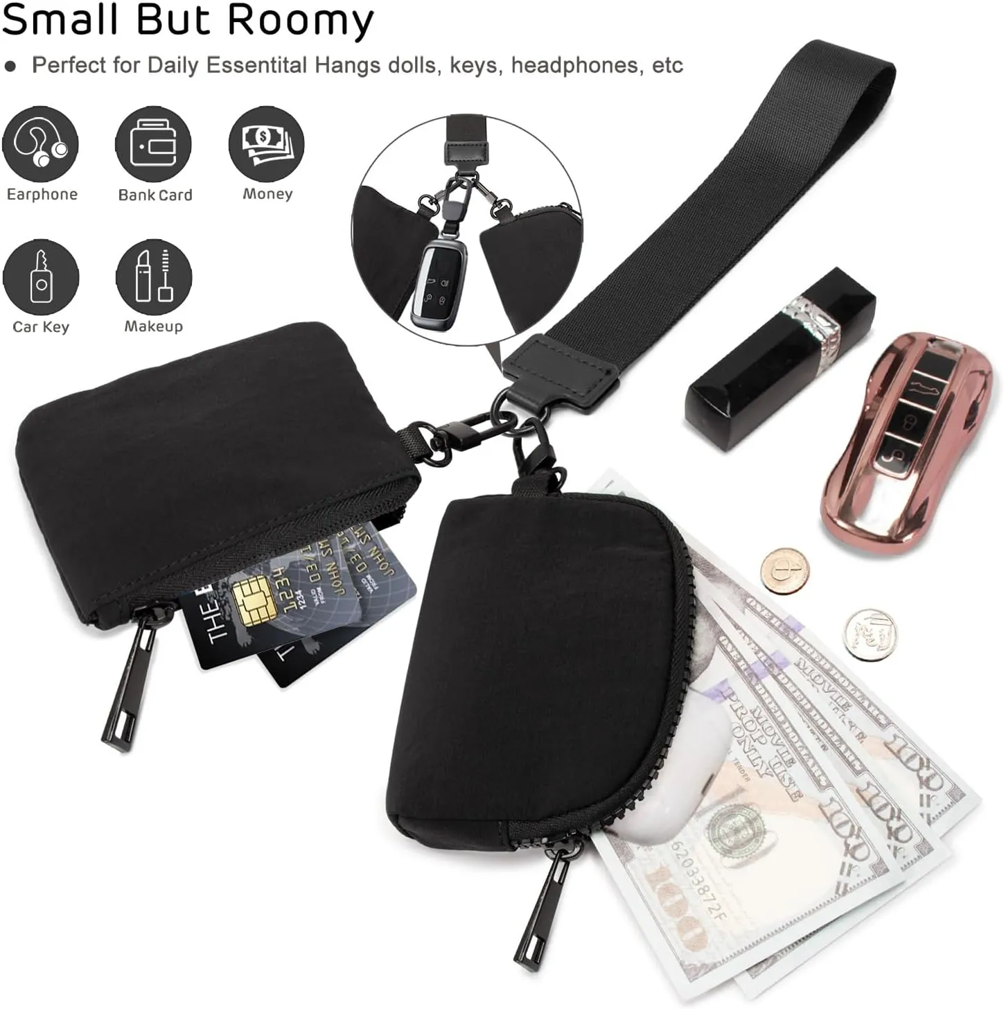 Mini Zip Around Keychain Wristlet Wallets Small Portable Dual Pounch Wristlet Detachable Coin Purse Pocket Gifts for Women Travel Sports Outdoors (Black  Black)