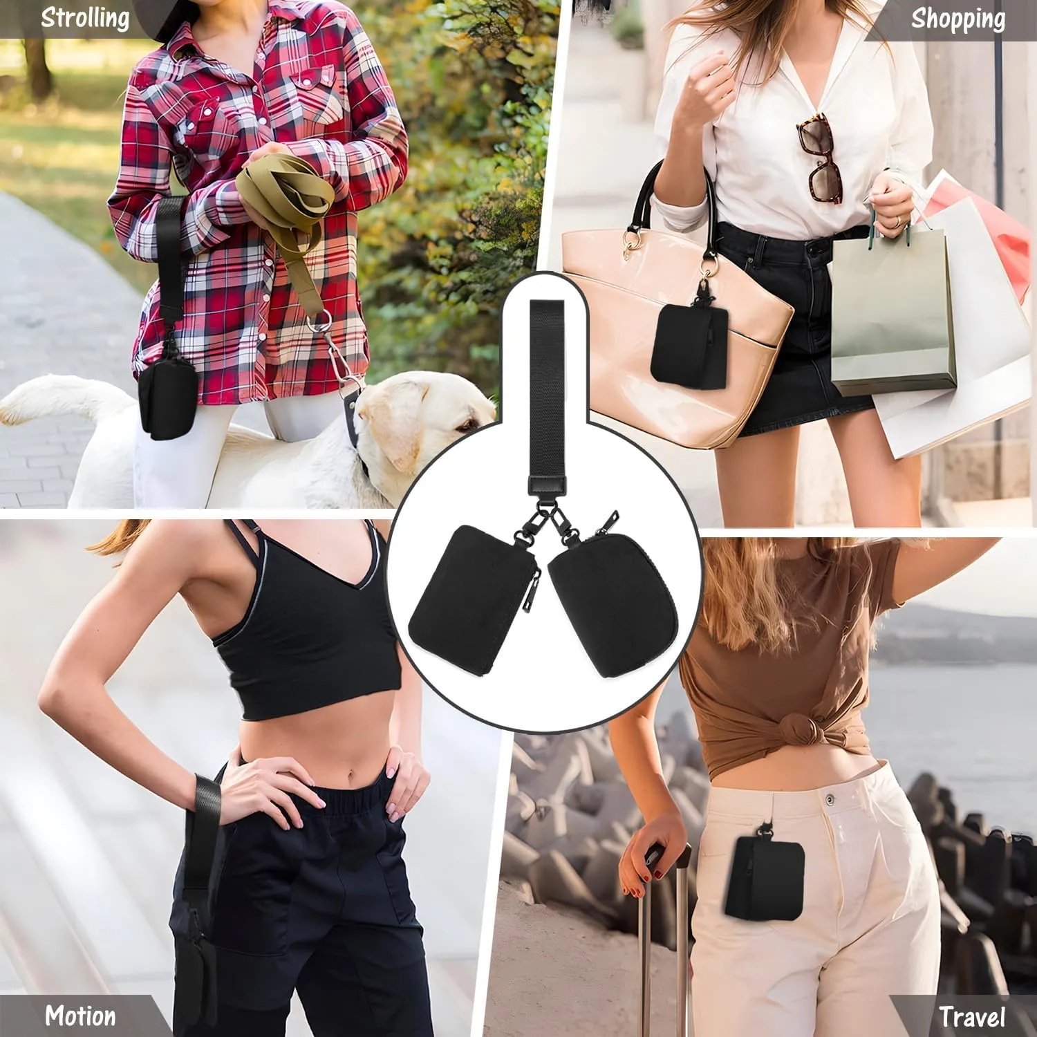 Mini Zip Around Keychain Wristlet Wallets Small Portable Dual Pounch Wristlet Detachable Coin Purse Pocket Gifts for Women Travel Sports Outdoors (Black  Black)