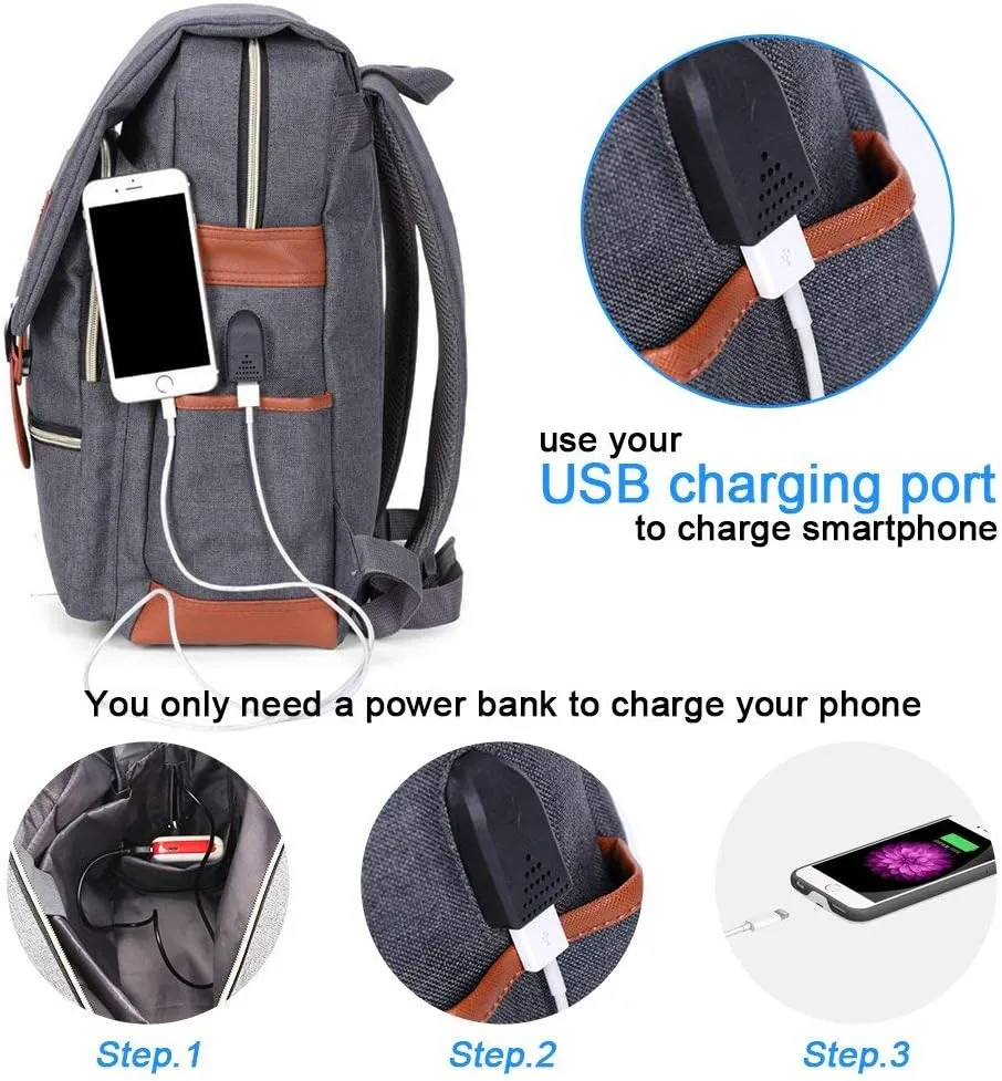Modoker Vintage Laptop Backpack for Women Men,Travel Backpacks with USB Charging Port Fashion Backpack Fits 15.6Inch Notebook, Grey