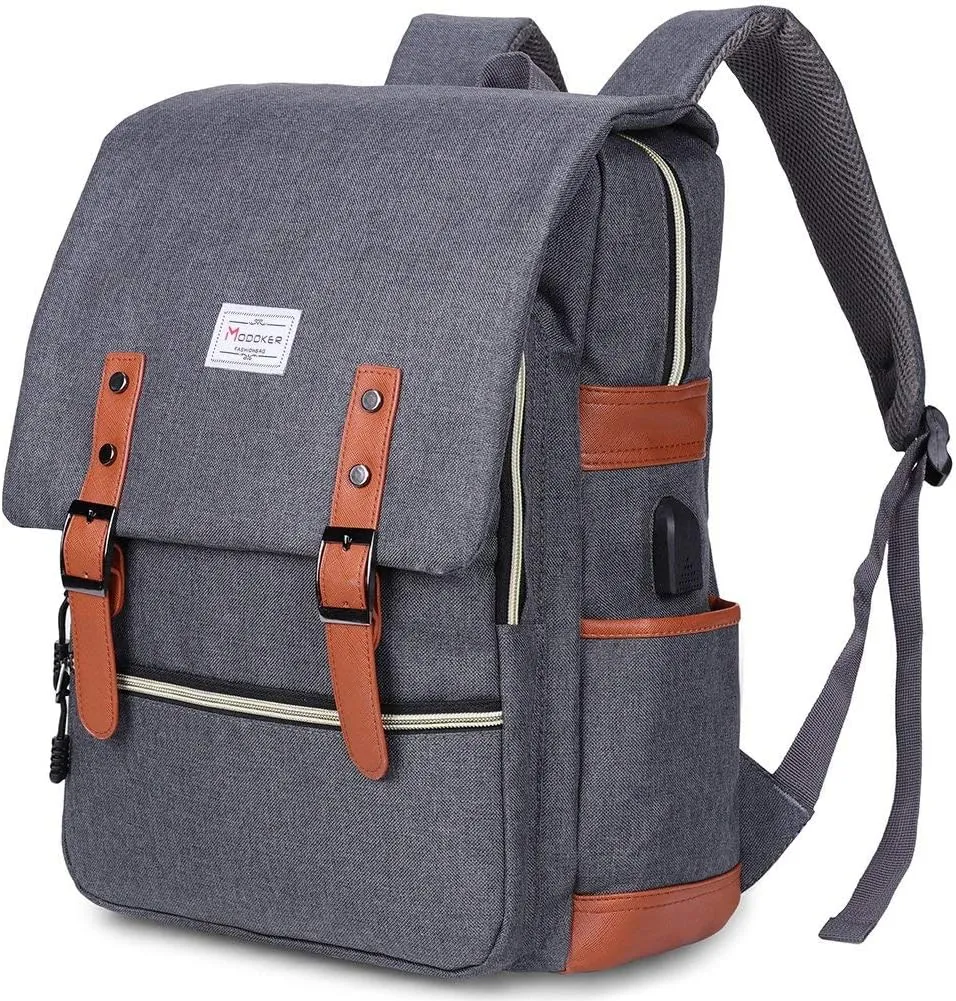 Modoker Vintage Laptop Backpack for Women Men,Travel Backpacks with USB Charging Port Fashion Backpack Fits 15.6Inch Notebook, Grey
