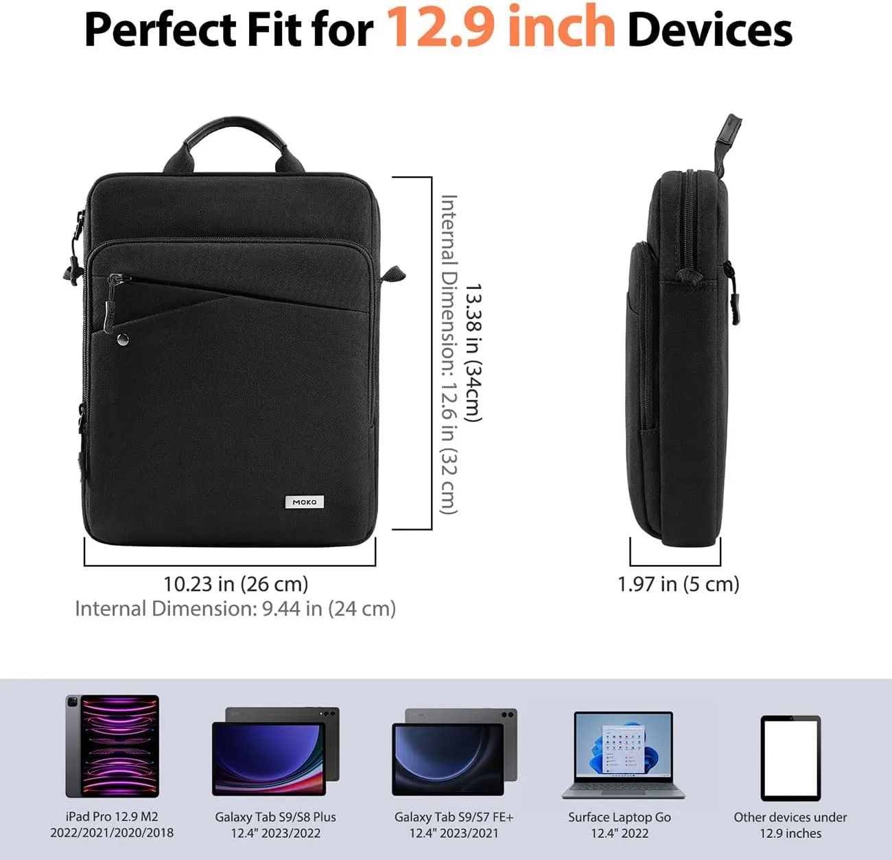 MoKo iPad Sleeve Tablet Bag,12.9 Inch iPad Carrying Case,360 Protective iPad Travel Case with Shoulder Strap,13 Inch New iPad Pro M4 & Air M2 2024,iPad Pro 12.9 M2&M1,Galaxy Tab S9 /S8  12.4,Black