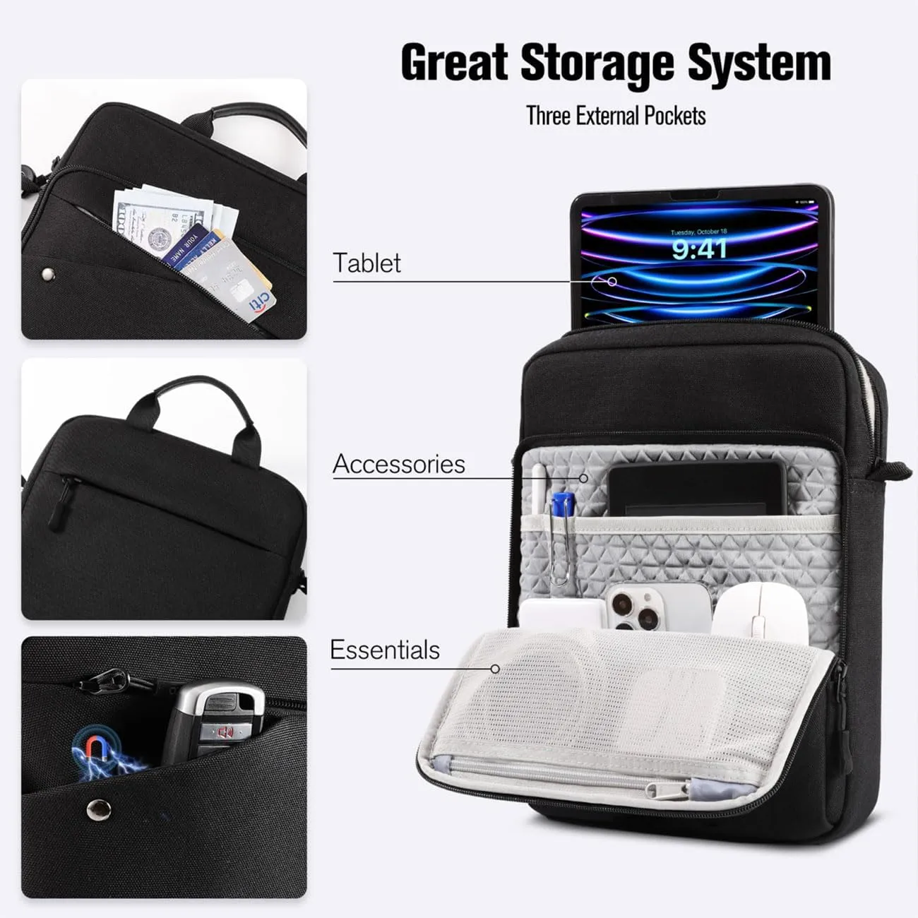 MoKo iPad Sleeve Tablet Bag,12.9 Inch iPad Carrying Case,360 Protective iPad Travel Case with Shoulder Strap,13 Inch New iPad Pro M4 & Air M2 2024,iPad Pro 12.9 M2&M1,Galaxy Tab S9 /S8  12.4,Black