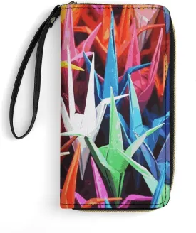 Origami Paper Cranes Leather Wallet Smooth Zip Around Clutch Wristlet Travel Long Soft Purse for Women