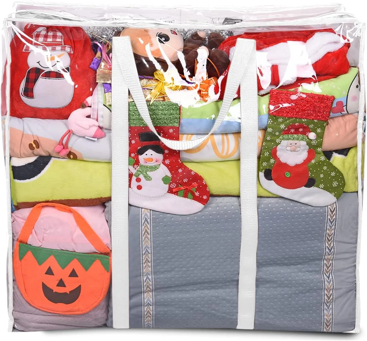 ProPik Clear Storage Bag Gift Wrap Clothes Organizer Big Zippered Christmas Decorations Storage Vinyl Bag for Under Bed Moving Bedding Linen Pillow Blanket Cloth Bag Reinforced Handles (White, 1)