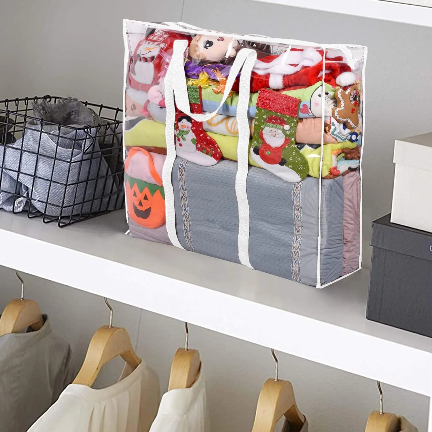 ProPik Clear Storage Bag Gift Wrap Clothes Organizer Big Zippered Christmas Decorations Storage Vinyl Bag for Under Bed Moving Bedding Linen Pillow Blanket Cloth Bag Reinforced Handles (White, 1)
