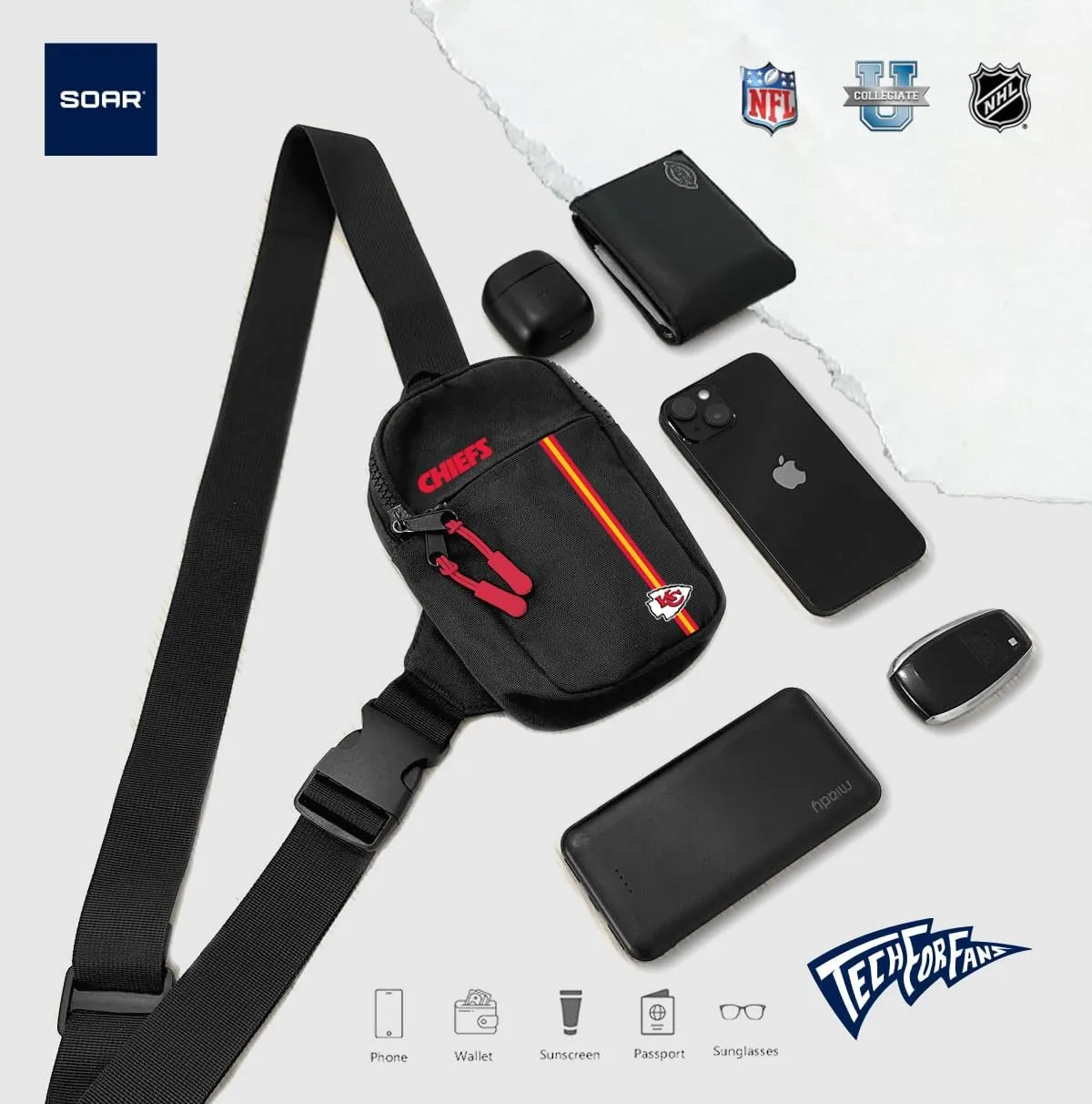 SOAR Crossbody Tech Adjustable Strap Travel Backpack Officially Licensed NFL, Mini Sling Bag