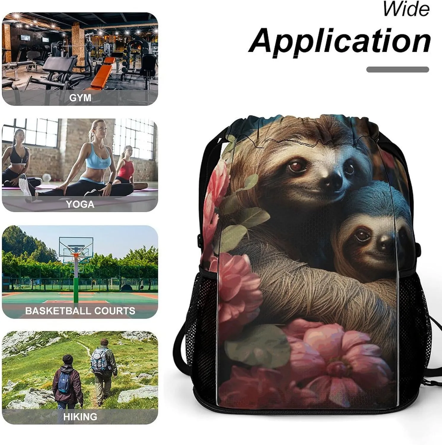 Sports Drawstring Backpack,A Sloth And A Samll Sloth String Swim Gym Bag with Shoes Compartment Gym Drawstring Bag