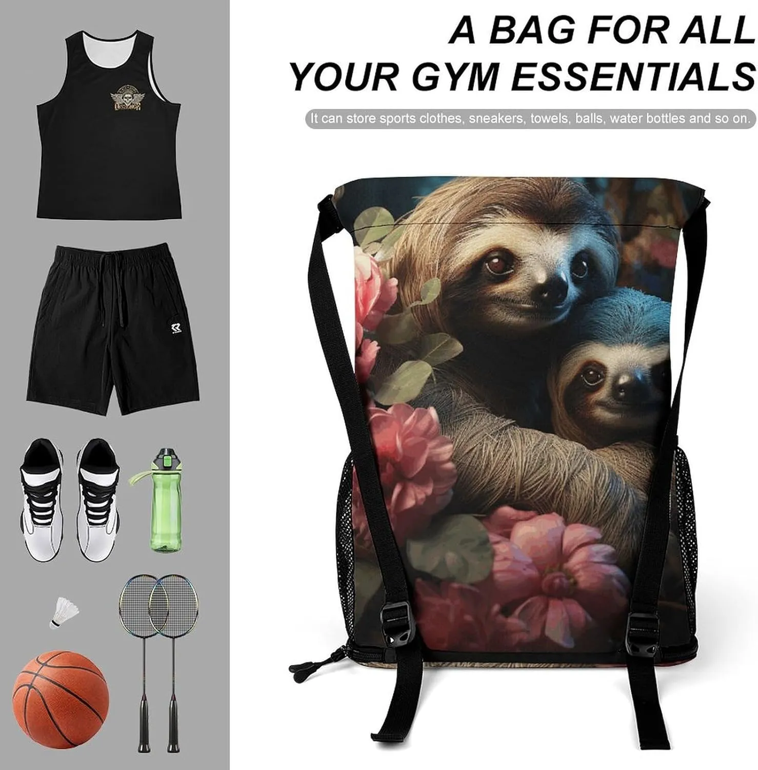Sports Drawstring Backpack,A Sloth And A Samll Sloth String Swim Gym Bag with Shoes Compartment Gym Drawstring Bag