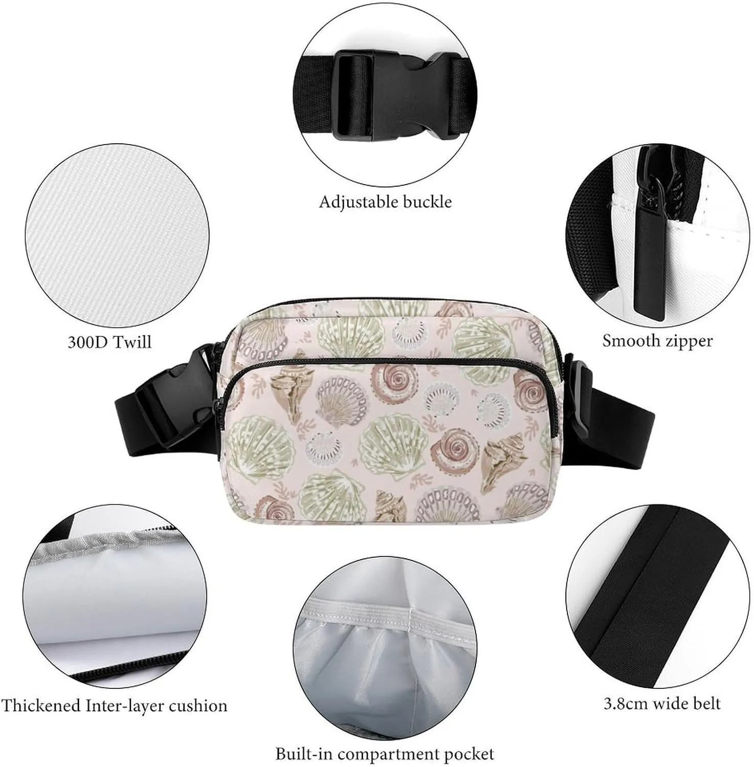 Summer Sea Shells Belt Bag Fanny Pack for Women Men Crossbody Waist Bag Pack Adjustable Casual Bag for Travel Running Workout Cycling