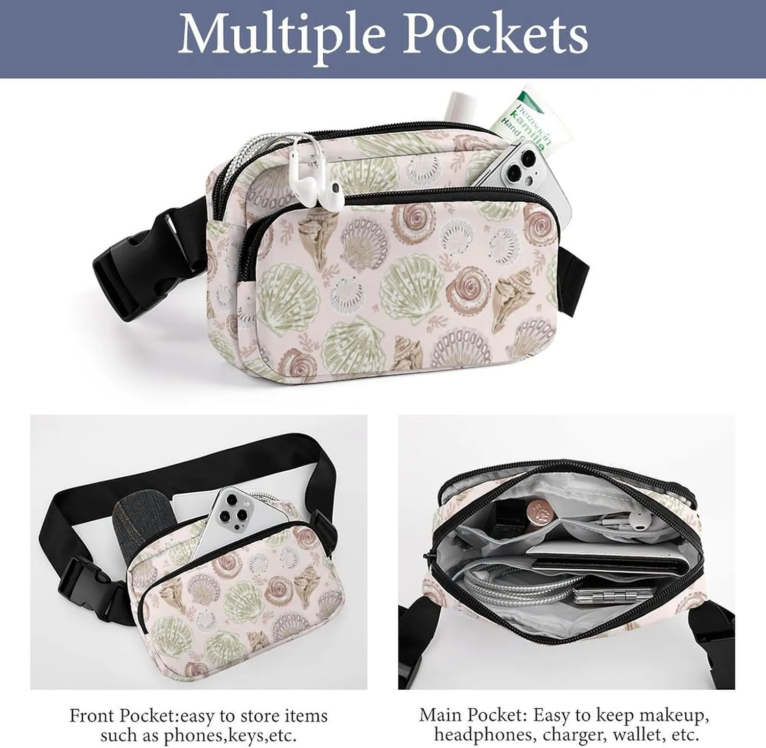 Summer Sea Shells Belt Bag Fanny Pack for Women Men Crossbody Waist Bag Pack Adjustable Casual Bag for Travel Running Workout Cycling