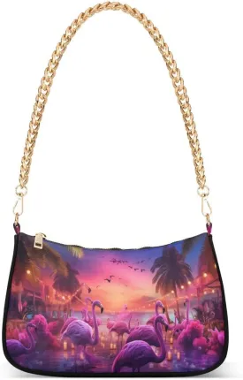 Sunset Flamingo Bird Palm Leaf Tote Bag Hobo Handbag for Women Ladies Shoulder Bag Mini Clutch Purse with Zipper Closure